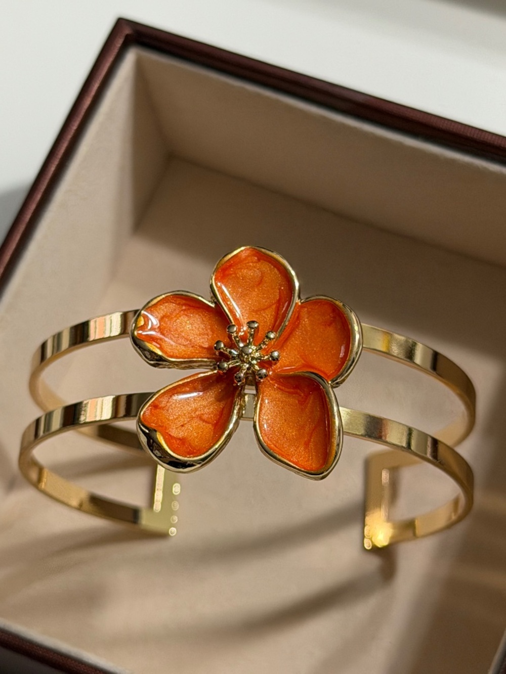 Golden Orange 5-Petal Irregular Flower Enamel Oil Drip Adjustable Open Bracelet